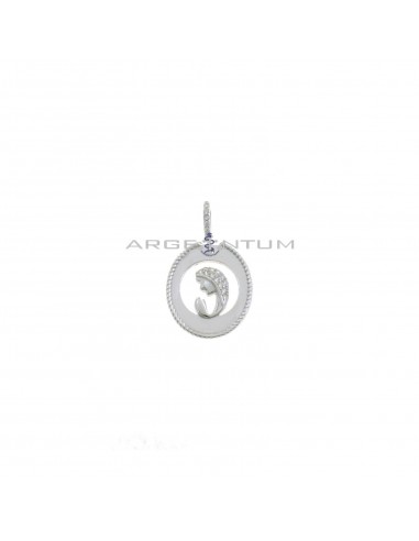 Openwork oval pendant with striped edge, white half-zirconed Madonna and white gold-plated white zircon counter-chain in 925 silver