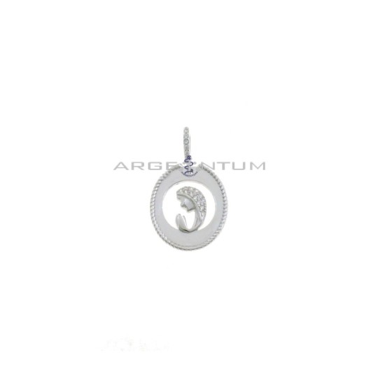 Openwork oval pendant with striped edge, white half-zirconed Madonna and white gold-plated white zircon counter-chain in 925 sil