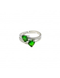 Adjustable ring with 2 hearts of green zircon and openwork shank white gold plated 925 sterling silver