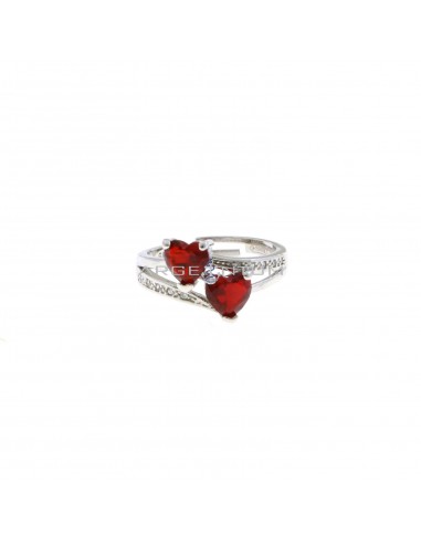 Adjustable ring with 2 hearts of red zircon and pierced shank white gold plated semizircon in 925 silver
