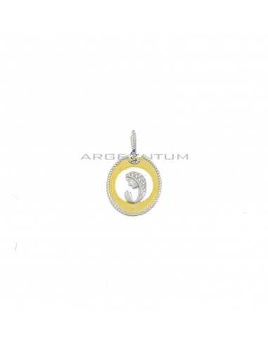 Pendant with yellow gold plated openwork oval, striped edge, white half-zircon Madonna and white gold-plated white zircon counter-link in 925 silver