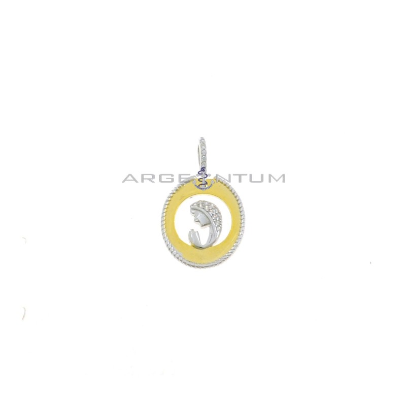 Pendant with yellow gold plated openwork oval, striped edge, white half-zircon Madonna and white gold-plated white zircon counte