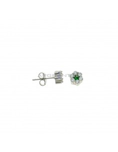 Flower lobe earrings with green central zircon and white gold plated white zircon petals in 925 silver