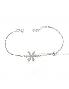 Pop corn mesh bracelet with central snowflake in white zircons pave white gold plated in 925 silver