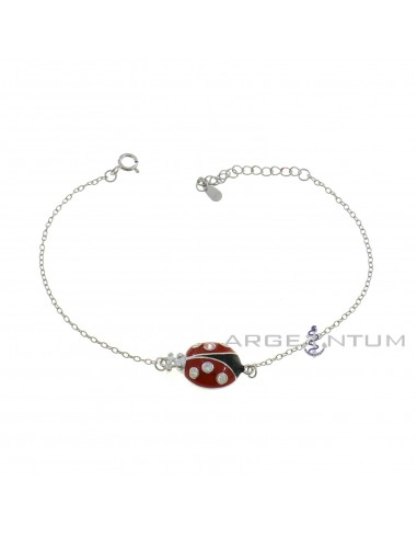 Forced mesh bracelet with central rounded ladybug, enameled and white half-zircon plated white gold plated in 925 silver