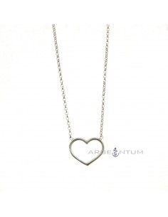 Diamond rolo link necklace with central wire heart shape plated white gold in 925 silver