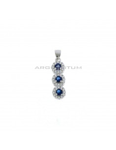 Pendant 3 rounds of blue zircons in white zircon frames white gold plated in 925 silver