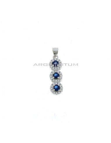 Pendant 3 rounds of blue zircons in white zircon frames white gold plated in 925 silver