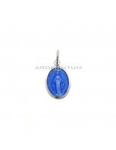 9x12mm Miraculous Medal Pendant with Blue Enamel White Gold Plated in 925 Silver