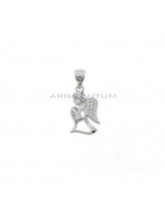 Pierced angel pendant with white zircon pavè wing and heart with white gold plated light point in 925 silver