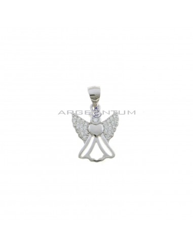 Pierced angel pendant with white cubic zirconia wings and white gold plated white cubic zirconia head in 925 silver
