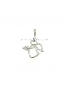 Angel shape pendant with heart in white zircons pave white gold plated in 925 silver