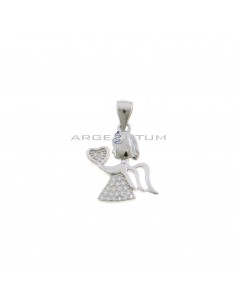 Angel pendant with openwork wings and dress and heart in white cubic zirconia pave white gold plated in 925 silver
