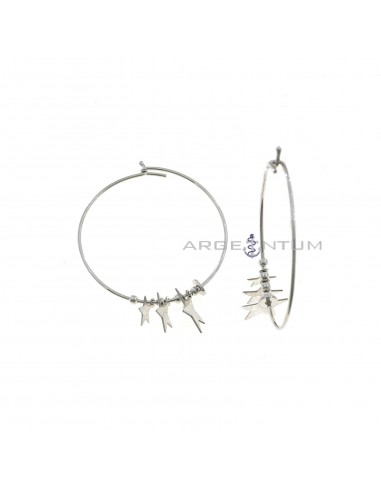 Tubular hoop earrings with passing spheres and degradé stars in white gold plated 925 silver plate