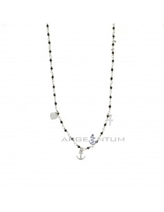 Black swarovski mesh necklace faith hope and charity with cross, anchor and heart plate pendants white gold plated 925 silver