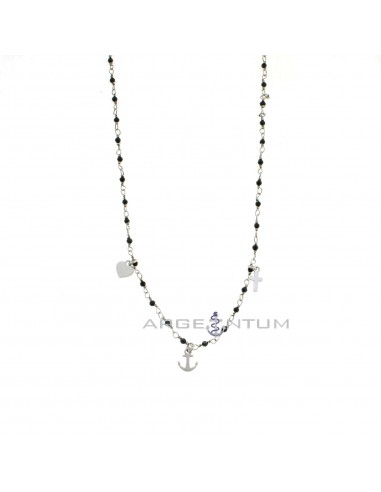 Black swarovski mesh necklace faith hope and charity with cross, anchor and heart plate pendants white gold plated 925 silver
