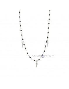 Black swarovski mesh necklace with engraved plate wings pendants white gold plated in 925 silver
