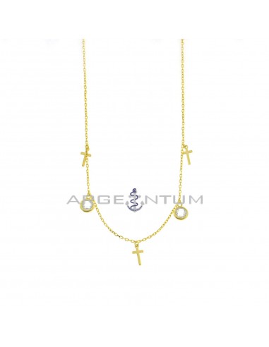 Forced link necklace with plate crosses and white cubic zirconia faceted onions pendants yellow gold plated 925 silver