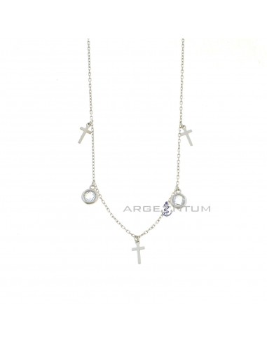 Forced link necklace with plate crosses and white cubic zirconia faceted onions pendants white gold plated in 925 silver