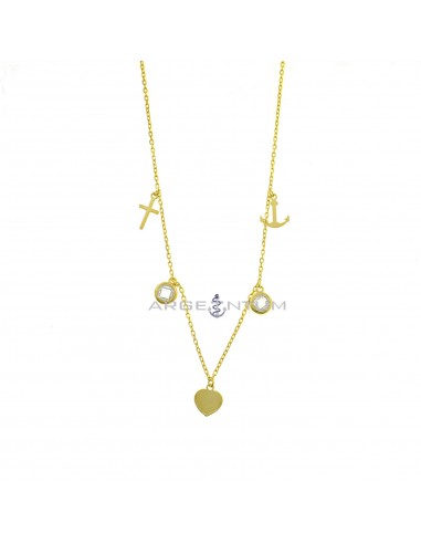 Necklace faith hope and charity forced link with cross, anchor and heart in slab and white cubic zirconia faceted with chives yellow gold plated pendants in 925 silver