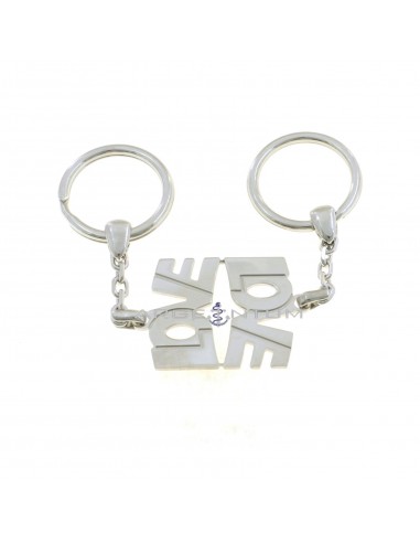 Divisible keyring with engraved plate "LOVE" writing and forced link chain segment with white gold plated brisèe hook in 925 silver
