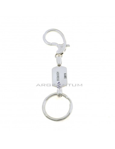 Keychain with special carabiner, engraved rectangular plate and white gold plated brisèe hook in 925 silver