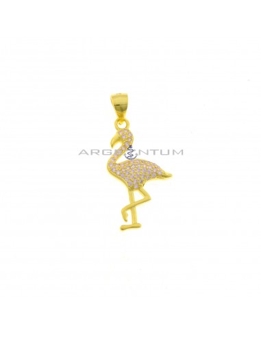 Pink zircon pave flamingo pendant with shiny paws and beak yellow gold plated 925 silver