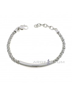 White gold plated braided tubular mesh bracelet with shiny central section in 925 silver