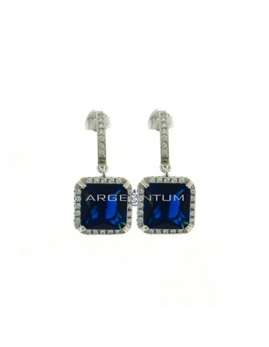 White zircon half circle earrings with blue square zircon in white zircon frame pendant white gold plated 925 silver