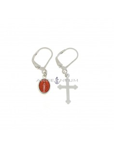 Pendant earrings with hook attachment with plate cross and red enamel miraculous medal plated white gold in 925 silver