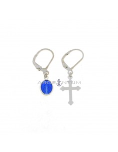 Pendant earrings with hook attachment with plate cross and blue enamel miraculous medal plated white gold 925 silver