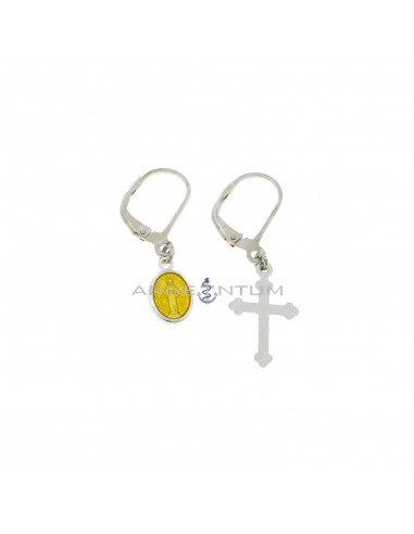 Orecchini pendenti con attacco a monachella con croce a lastra e medaglia miracolosa smaltata giallo placcati oro bianco in argento 925