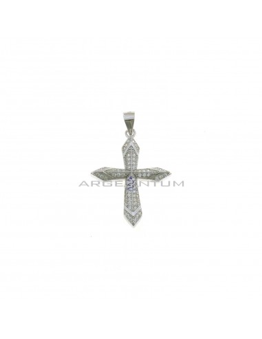 Cross pendant in white zircons pave with shiny details white gold plated in 925 silver