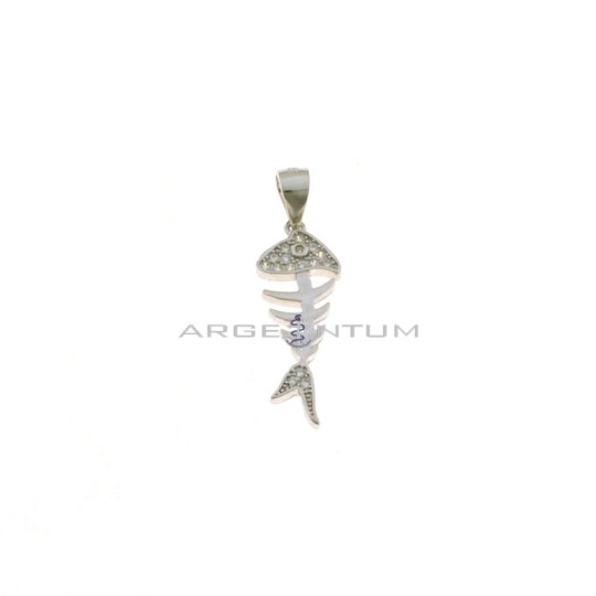 Ciondolo lisca con testa e coda zirconate bianche e occhio traforato placcato oro bianco in argento 925