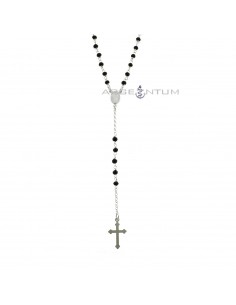 Collana del rosario a Y maglia rolò con swarovski neri, centrale medaglia miracolosa e croce a lastra pendente placcata oro bianco in argento 925