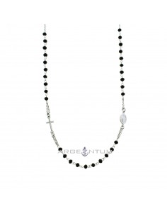 Round rosary necklace with black swarovski stones, white gold plated in 925 silver