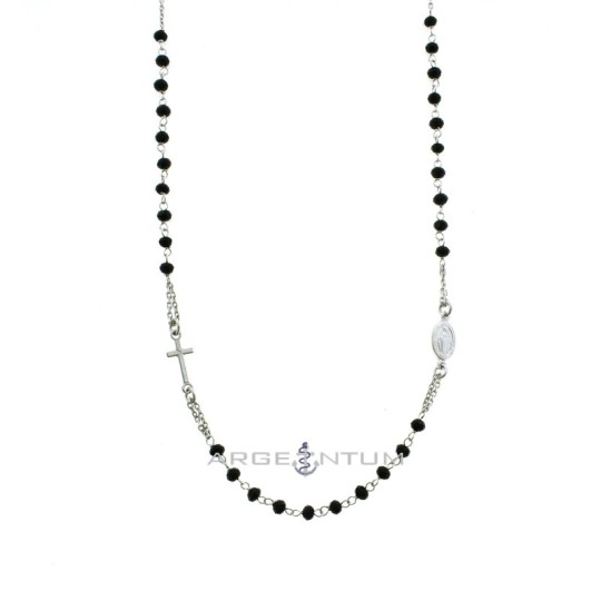 Round rosary necklace with black swarovski stones, white gold plated in 925 silver