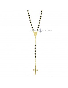 Collana del rosario a Y maglia rolò con swarovski neri, centrale medaglia miracolosa e croce a lastra pendente placcata oro giallo in argento 925