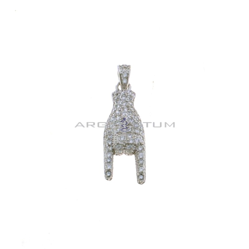 Rounded horns pendant in white zircons pave with white gold plated zirconia counter-link in 925 silver