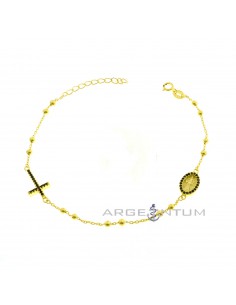 Rosary bracelet with miraculous medal in black zircon frame and black zircon cross yellow gold plated 925 silver