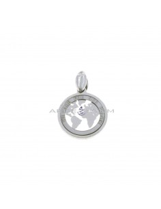World pendant in openwork satin and glossy round with engraved "WE CARE FOR OUR PLANET" written in white gold plated 925 silver