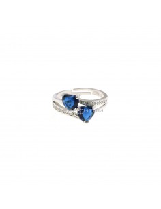 Adjustable ring with 2 hearts of blue zircon and pierced shank white semizircon plated white gold in 925 silver