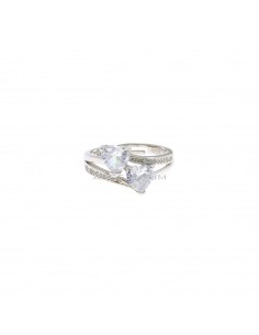 Adjustable ring with 2 hearts of white zircon and openwork shank white gold plated 925 silver