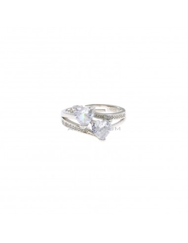 Adjustable ring with 2 hearts of white zircon and openwork shank white gold plated 925 silver