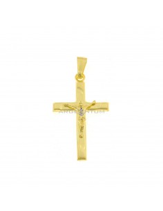Ciondolo croce bombata con dettagli satinati e cristo microfuso placcato oro giallo in argento 925