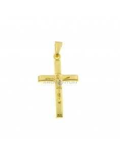 Ciondolo croce bombata con aureola a rilievo e cristo microfuso placcato oro giallo in argento 925