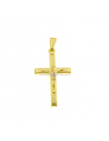 Ciondolo croce bombata con aureola a rilievo e cristo microfuso placcato oro giallo in argento 925