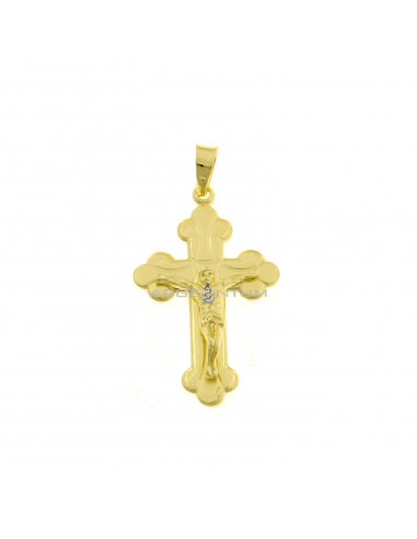 Cross pendant with satin and engraved detail and yellow gold plated cast Christ in 925 silver