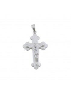 Cross pendant with satin and engraved detail and white gold plated cast Christ in 925 silver