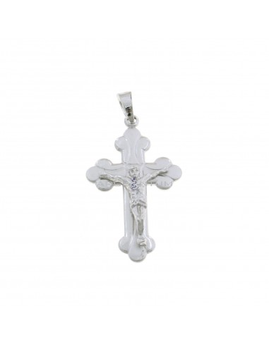 Cross pendant with satin and engraved detail and white gold plated cast Christ in 925 silver